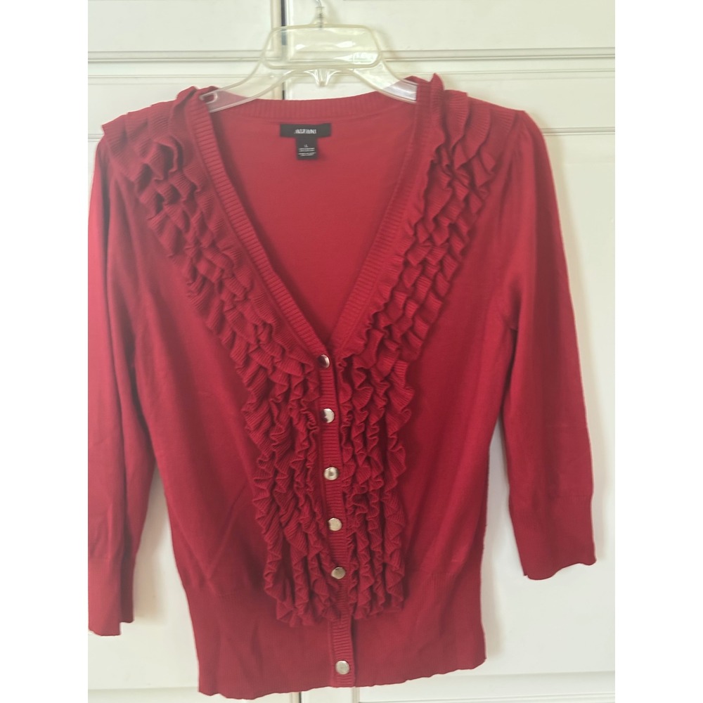 Alfani Red Ruffle V-Neck Button Front Cardigan Sweater 3/4 Sleeve Womens Large